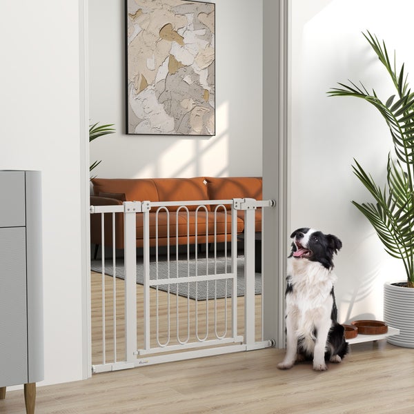 PawHut Türschutzgitter Hund, 76-104 cm Absperrgitter ohne Bohren, Treppengitter aus Stahl, Treppenschutzgitter, Schutzgitter, Sicherheitsgitter für Treppen, Tür, Flur, Weiß