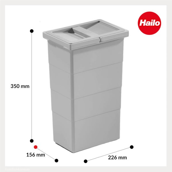 Hailo Abfalleimer aus Kunststoff mit Deckel, Höhe 350 Millimeter, Breite 156 Millimeter, Tiefe 226 Millimeter. Hailo Logo.