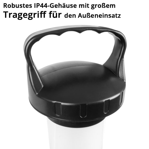 Robustes IP44-Gehäuse mit großem Tragegriff für den Außeneinsatz