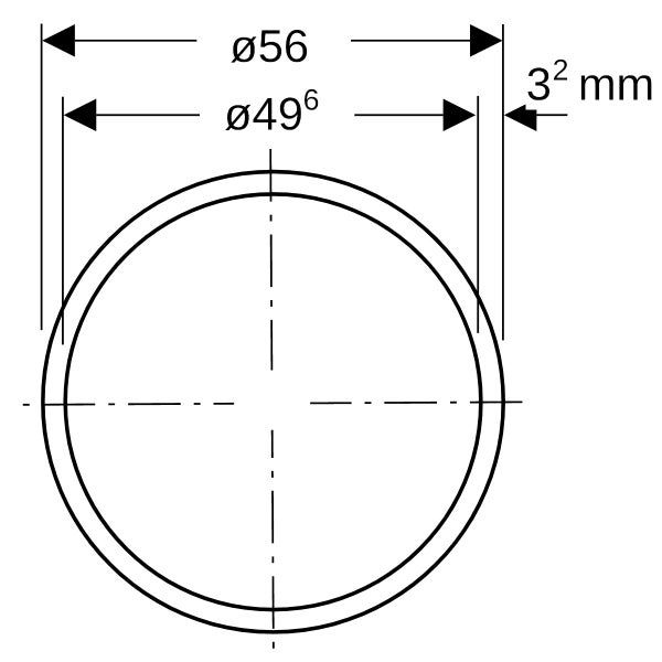 Maßzeichnung eines kreisförmigen Objekts mit Außendurchmesser 56 Millimeter, Innendurchmesser 49,6 Millimeter und Wandstärke 3,2 Millimeter.