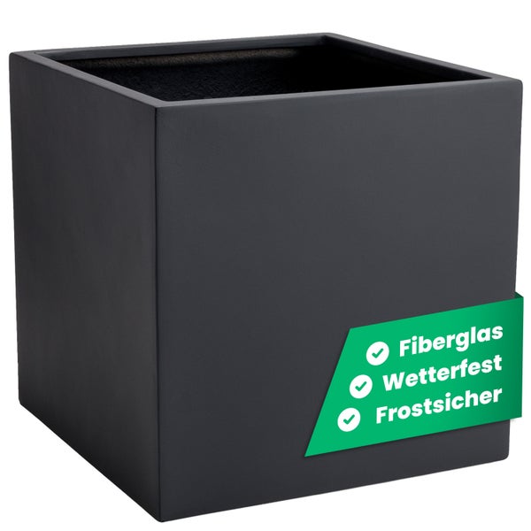 Quadratischer Pflanzkübel aus Fiberglas in Anthrazit, wetterfest und frostsicher.