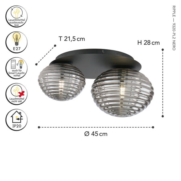 Deckenleuchte Ripple, zwei gerillte Glasschirme, Durchmesser 45 Zentimeter, Höhe 28 Zentimeter, Tiefe 21,5 Zentimeter, E27, smart, IP20.