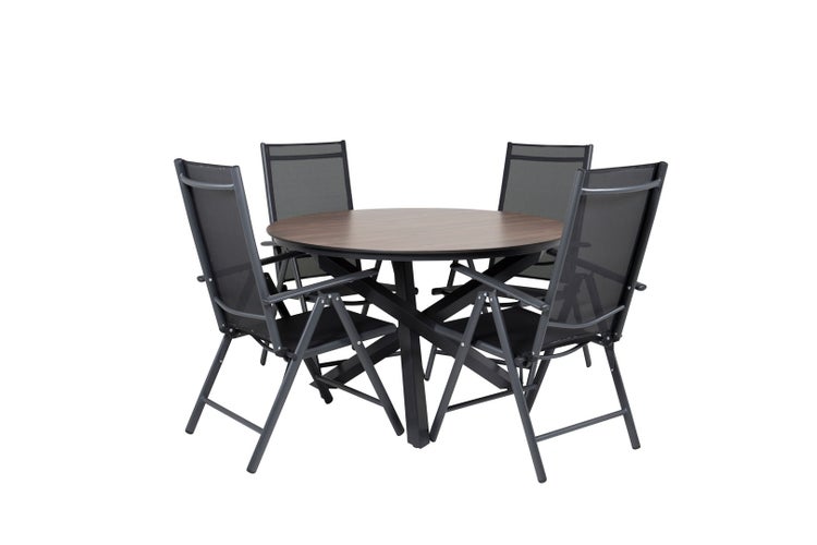 Llama Gartenset Tisch Ø120cm und 4 Stühle Break schwarz, braun. 120 X 120 X 75 cm