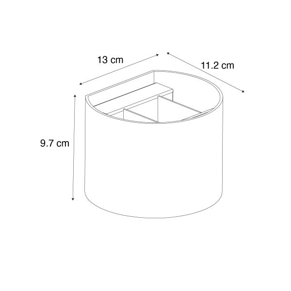 Technische Zeichnung eines Kosmetik-Organizers mit den Maßen 13 cm Breite, 11,2 cm Tiefe und 9,7 cm Höhe