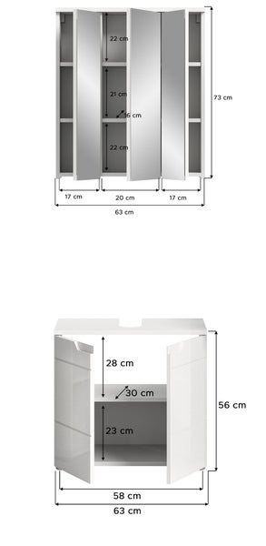 Badmöbel Set bestehend aus Spiegelschrank und Waschbeckenunterschrank in Weiß mit detaillierten Maßangaben in Zentimeter.