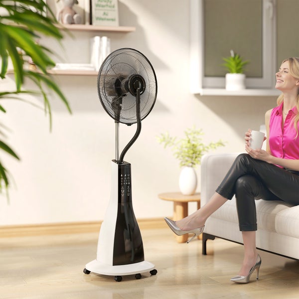 HOMCOM Ventilator mit Wasserkühlung, Standventilator mit Sprühnebel, Fernbedienung, Timerfunktion, oszillierend, 3 Stufen, 3 L Wassertank, 90 W Wasserventilator mit Rollen, 125 cm