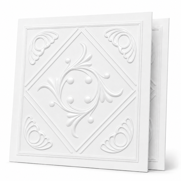 Quadratische Deckenplatte aus Polystyrol mit floralem Relief und Rautenmuster zur dekorativen Deckengestaltung