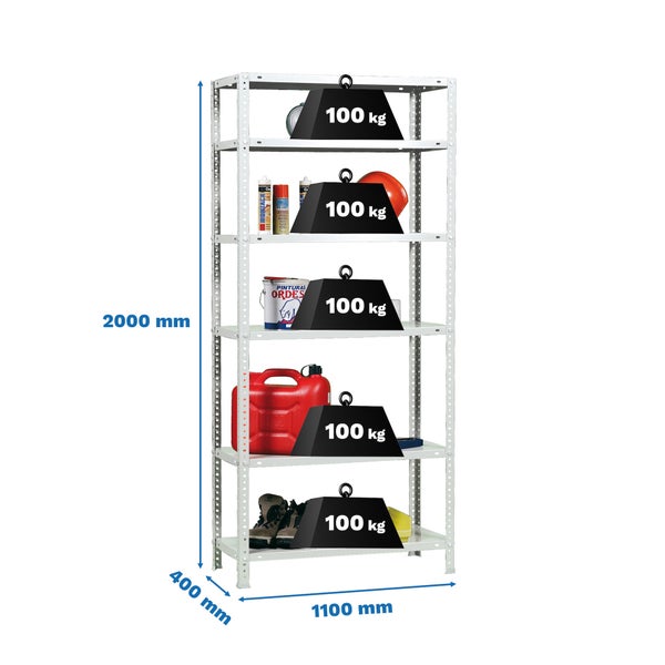 Metallregal weiß mit 5 Fachböden, Tragkraft 100 Kilogramm pro Boden, Maße 2000 mal 1100 mal 400 Millimeter.