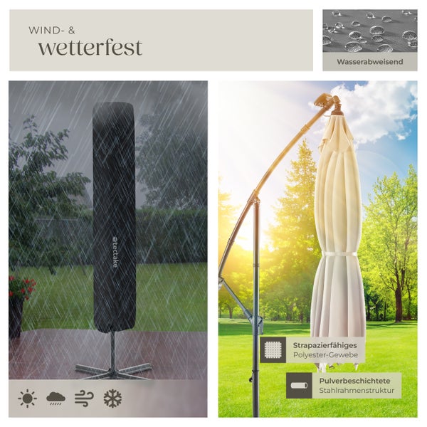 Gruppe von Menschen sitzt unter einem beleuchteten Sonnenschirm im Freien bei einem geselligen Beisammensein.