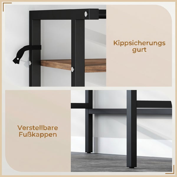 Detailansicht eines schwarzen Metallgestells mit integriertem Kippsicherungsgurt und verstellbaren Fußkappen für hohe Stabilität.