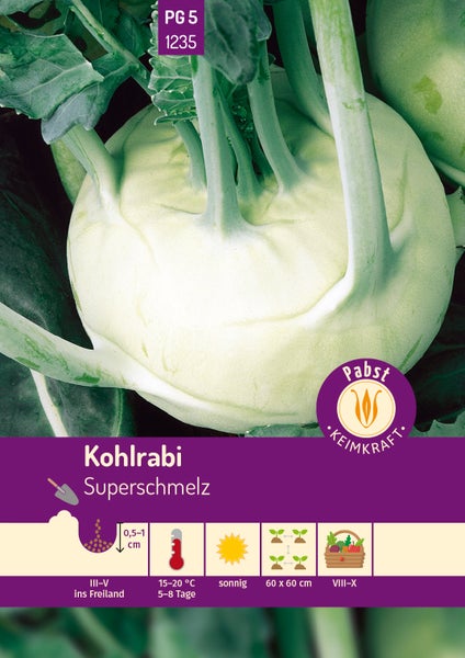 Kohlrabi Superschmelz, Pabst Logo. Aussaat März bis Mai, Tiefe 0,5 bis 1 Zentimeter, 15 bis 20 Grad Celsius, sonnig, Ernte August bis Oktober.