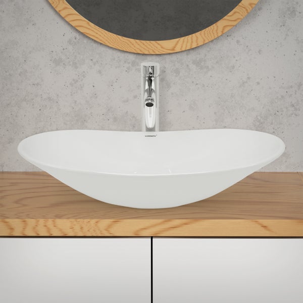 ECD Germany Design Waschbecken Waschtisch 640 x 365 x 130 mm aus Keramik Weiß - Aufsatzbecken Aufsatzwaschbecken Handwaschbecken Aufsatzwaschtisch Spülbecken Wasserfall Waschschale Waschschüssel