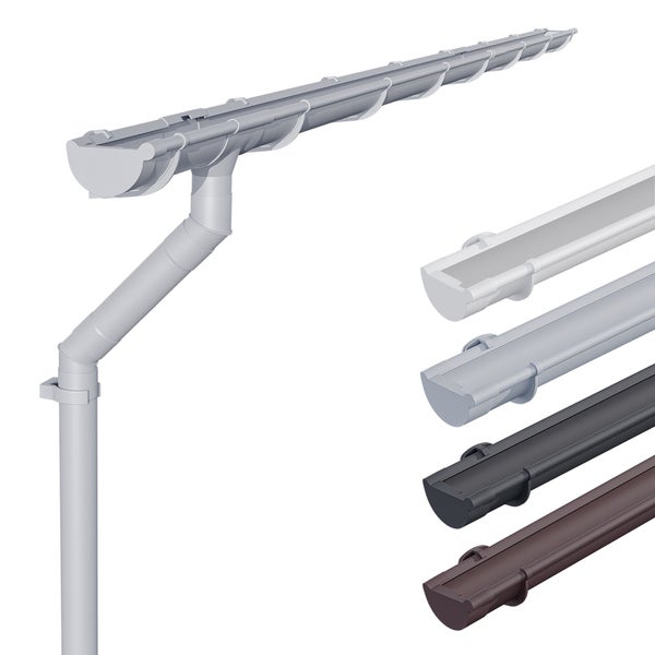 Kunststoff-Dachrinnensystem mit Fallrohr und Halterungen, erhältlich in verschiedenen Farben wie Grau, Weiß, Anthrazit und Braun.