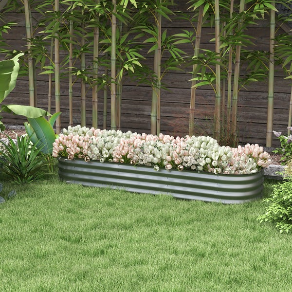 Outsunny Hochbeet Metall, Pflanzkasten, Gemüsebeet, DIY Blumenkasten mit offenem Boden, Kräuterbeet für Garten, Balkon, Silber 195 x 62 x 30 cm