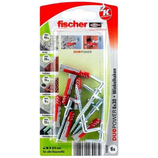 fischer Logo, Duopower 6 mal 30 Millimeter mit Winkelhaken, 6 Stück, Set für alle Baustoffe wie Beton, Mauerwerk und Plattenbaustoffe.