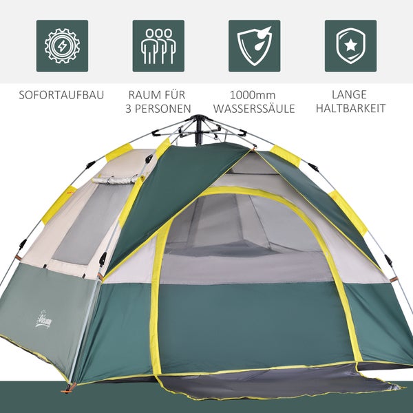 Outsunny Campingzelt, für 3 Personen, mit Heringen, 205 x 195 x 135 cm, Polyester, Grün