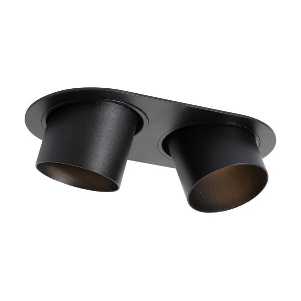 Zweiflammiger Deckenstrahler aus schwarzem Metall mit zylindrischen Lampenköpfen.