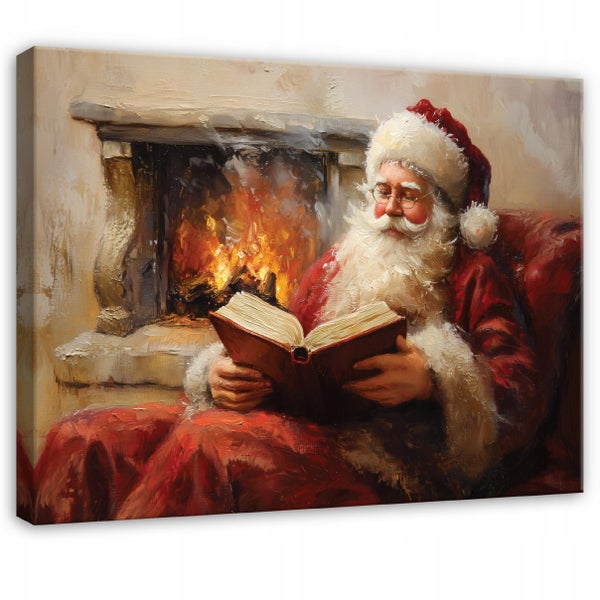 Gemälde von Weihnachtsmann, der ein Buch am Kamin liest