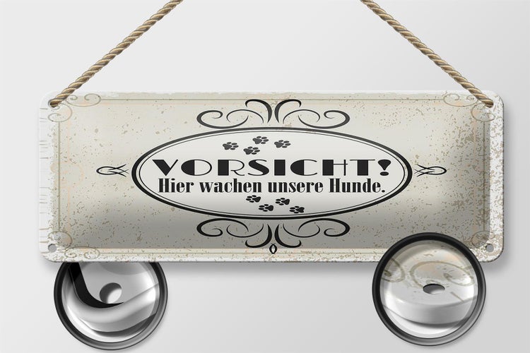 Blechschild Spruch Vorsicht Hier wachen unsere Hunde 27x10cm