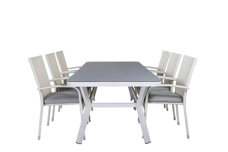 Virya Gartenset Tisch 100x200cm und 6 Stühle Anna weiß, grau. 100 X 200 X 74 cm