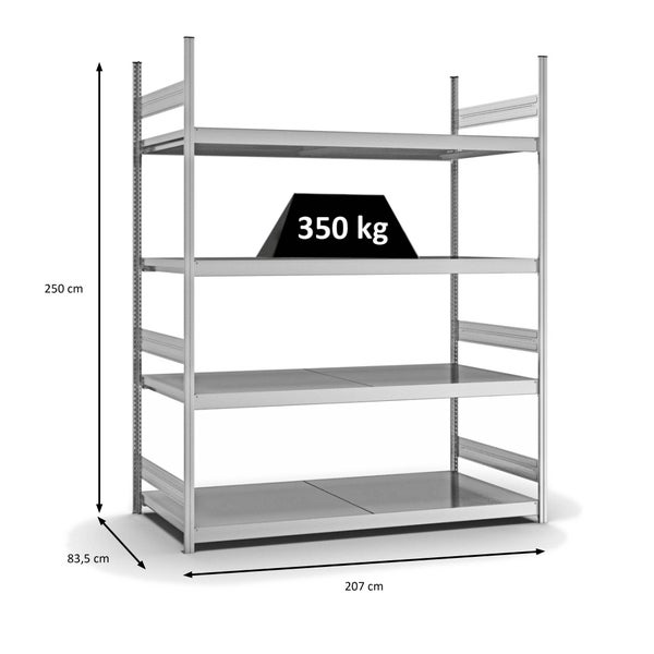 PROREGAL Weitspannregal Stecksystem T-Profil Grundregal HxBxT 250x200x80 cm 4 Ebenen Stahlplatten Fachboden Fachlast 350 kg Verzinkt