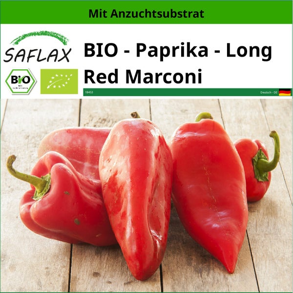 SAFLAX  - BIO - Paprika - Long Red Marconi - Capsicum annuum - 20 Samen - Mit keimfreiem Anzuchtsubstrat