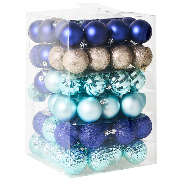 Karton mit Christbaumkugeln in verschiedenen Ausführungen