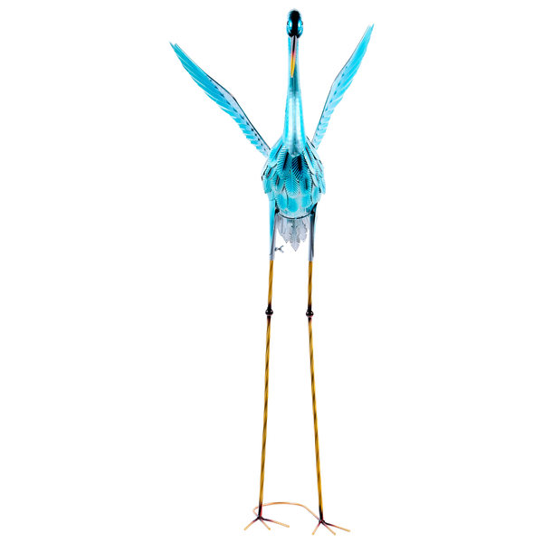 Blaue Gartenfigur Kranich aus Metall mit ausgebreiteten Flügeln.