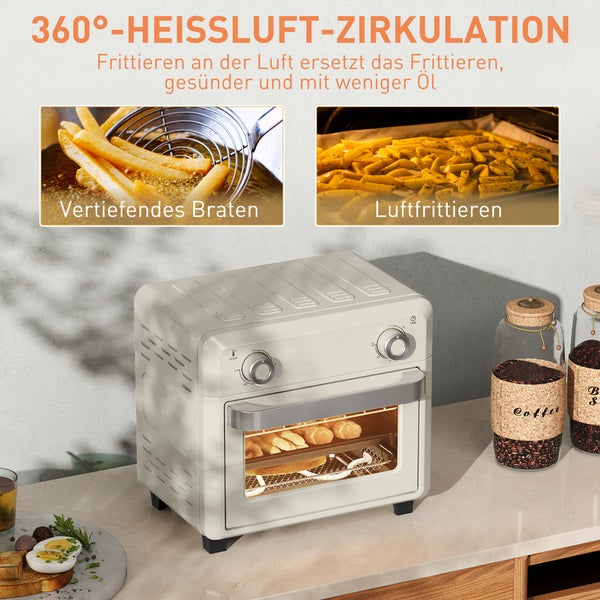Kompakter Heißluftfritteusen-Ofen in Creme mit 360 Grad Heißluftzirkulation für gesünderes Frittieren mit weniger Öl.
