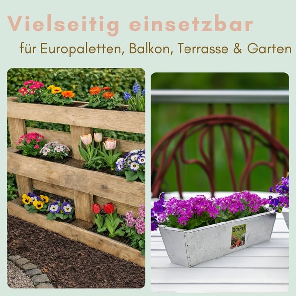 Pflanzeinsatz für Europaletten im Garten und Zink-Blumenkasten auf einem Balkontisch, vielseitig einsetzbar für Außenbereiche.