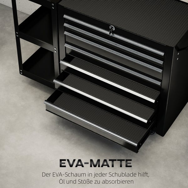 Schwarzer Werkstattwagen mit mehreren Schubladen, die mit strukturierten EVA-Schaumstoffmatten zur Öl- und Stoßdämpfung ausgekleidet sind.