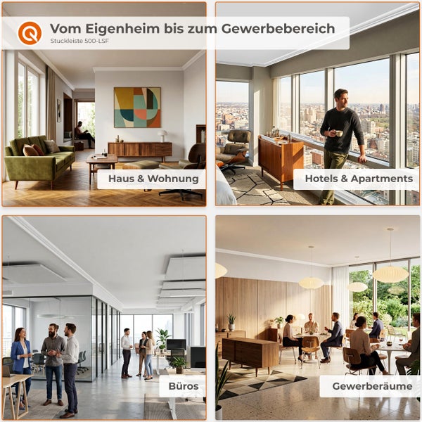Stuckleiste 500-LSF zur Dekoration in Wohnräumen, Hotels, Büros und Gewerberäumen dargestellt in verschiedenen Anwendungsbeispielen.