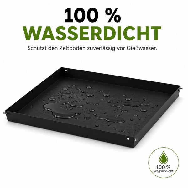 Schwarze, quadratische Auffangschale mit Wassertropfen, 100 Prozent wasserdicht zum Schutz von Zeltböden vor Gießwasser.