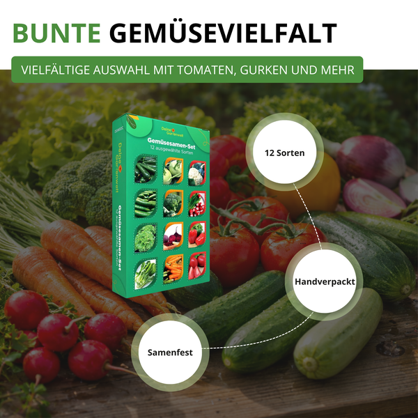 Gemüsesamen-Set von Deine Gartenwelt mit 12 Sorten, handverpackt und samenfest, zeigt eine bunte Auswahl an Tomaten, Gurken und Karotten.