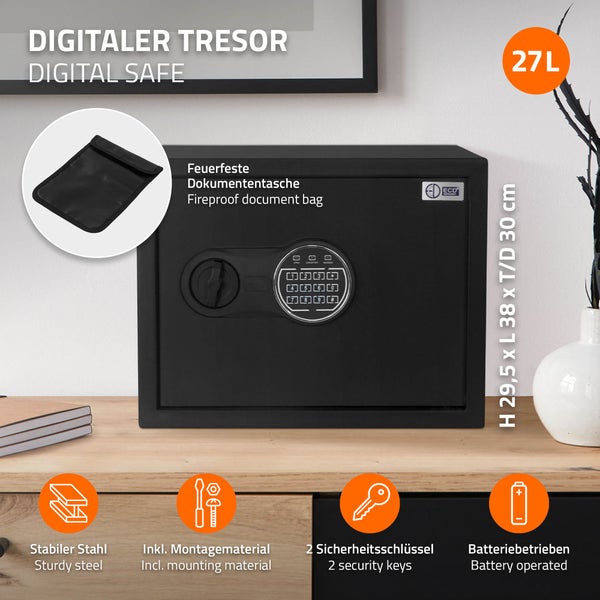 Digitaler Tresor mit feuerfester Dokumententasche, inklusive Montagematerial und zwei Sicherheitsschlüsseln