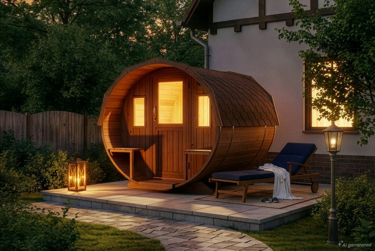 Fasssauna aus Holz auf einer Terrasse vor einem Wohnhaus in der Abenddämmerung, beleuchtet mit einer Liege und einer Laterne im Garten.
