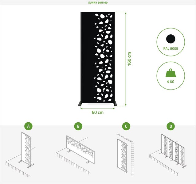 Set mit 3 dekorativen Paneelen SUNNY Schwarz H.160cm, rechte Seite mit Mustern