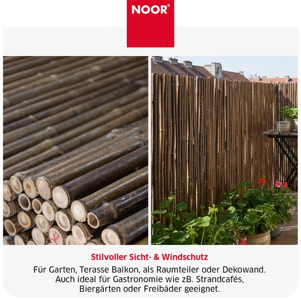 Noor Logo und Bambus Sichtschutzmatte für Garten und Balkon, natürliche Bambusrohre als Windschutz oder Raumteiler.