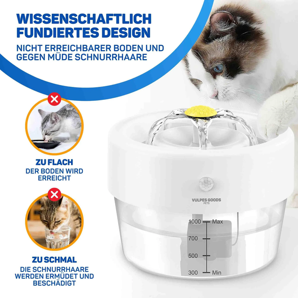Katzenbrunnen mit Wasserstandsanzeige und wissenschaftlichem Design für eine ergonomische Wasseraufnahme ohne Schnurrhaarkontakt.