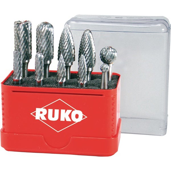 Ruko Hartmetall-Frässtift-Satz in roter Kunststoffbox mit transparentem Deckel, 10-teiliges Set in verschiedenen Formen für Metallbearbeitung.