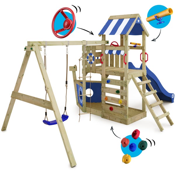 WICKEY Spielturm Klettergerüst SeaFlyer mit Schaukel und Rutsche, Baumhaus mit Sandkasten, Kletterleiter und Spiel-Zubehör - blau