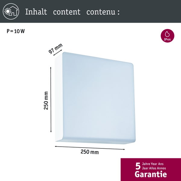 Quadratische Außenwandleuchte mit 10 Watt Leistung, Maßen von 250 mal 250 mal 97 Millimeter, Schutzart IP44 und 5 Jahren Garantie.