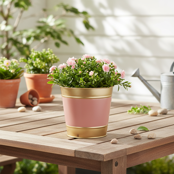 Blühende Pflanze in rosa-goldenem Metalltopf auf einem Holzgartentisch, im Hintergrund weitere Pflanzen in Terrakottatöpfen und eine Gießkanne.