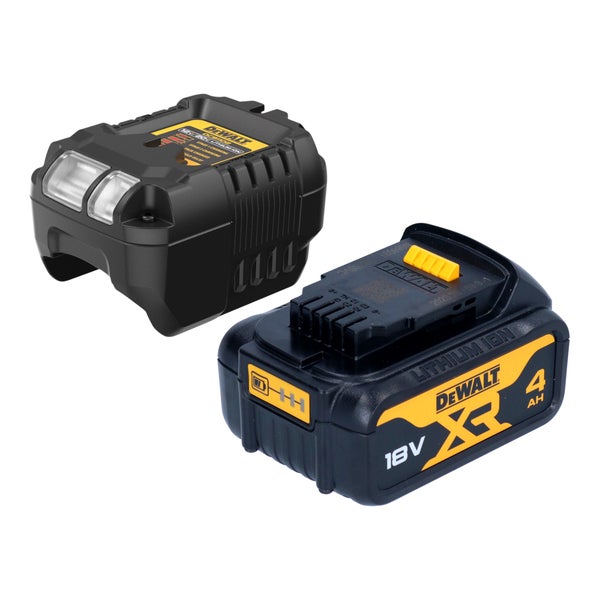 DeWALT Akku-Starter-Set bestehend aus einem 18 Volt 4 Amperestunden Lithium-Ionen Akku und einem passenden Ladegerät.