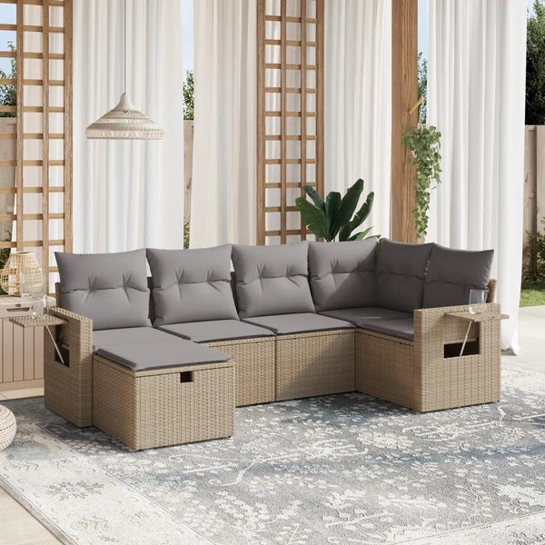 6-tlg. Garten-Sofagarnitur mit Kissen Beige Poly Rattan