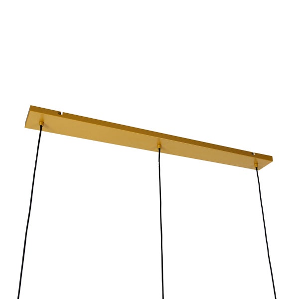 Detailansicht einer goldenen Deckenhalterung mit schwarzen Kabeln für eine Pendelleuchte