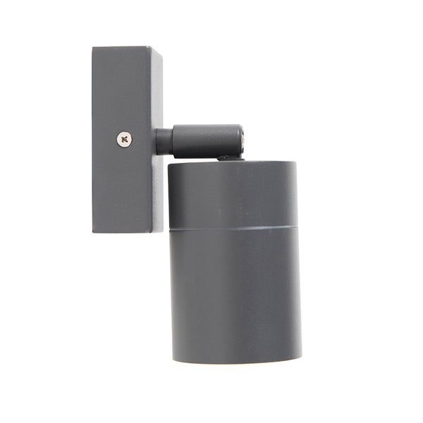 Anthrazitfarbene Außenwandleuchte mit verstellbarem, zylindrischem Spot und rechteckiger Halterung.