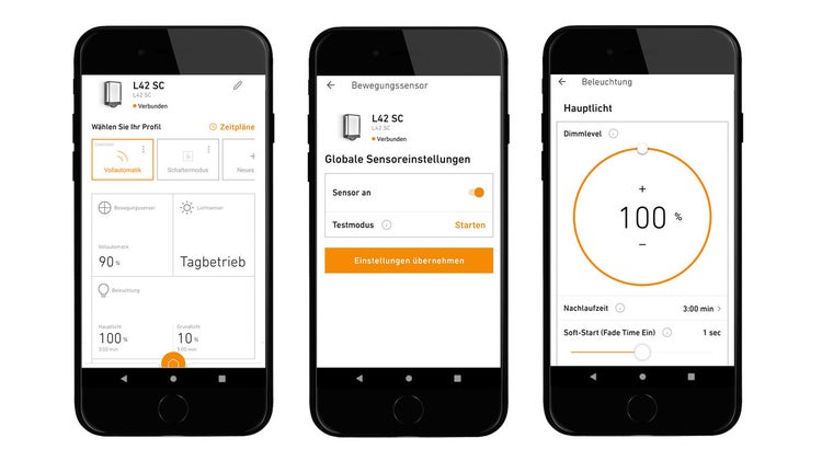 Technische Zeichnung einer Außenleuchte mit Bewegungsmelder und Maßangaben