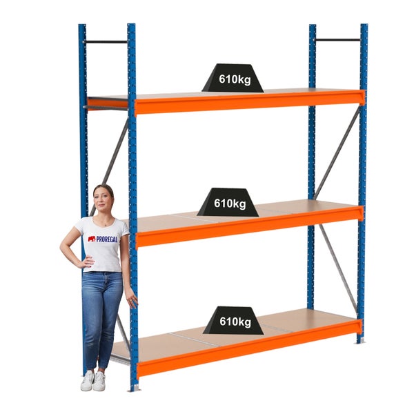 Blaues und oranges Lagerregal mit drei Ebenen, jede Ebene mit einer Traglast von 610 Kilogramm.