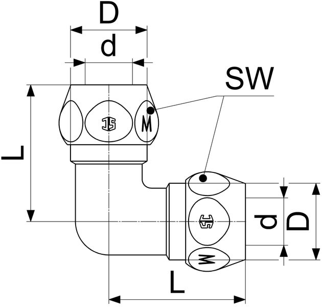 Technische Zeichnung eines 90 Grad Winkelstücks mit Maßangaben für Länge L, Außendurchmesser D, Innendurchmesser d und Schlüsselweite SW.